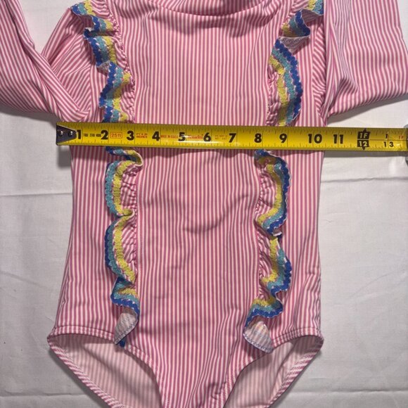 Mini Boden Seersucker Long Sleeve Ric Rac Ruffle Rashguard Swimsuit Size 6-7Y - Picture 5 of 8